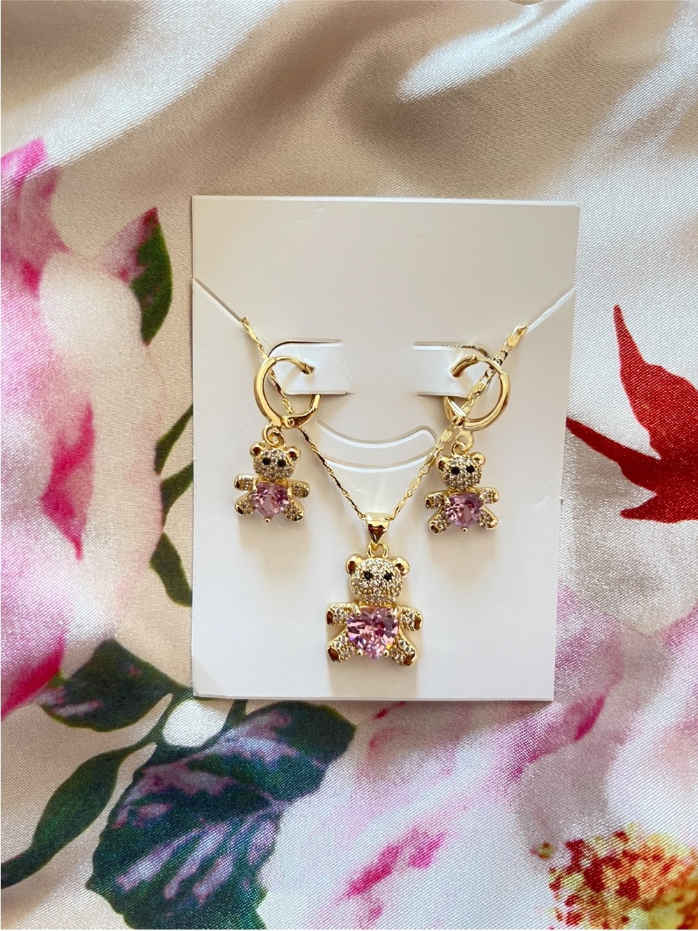 Gold-Plated Teddy Bear Necklace & Earring Set with Pink Crystals